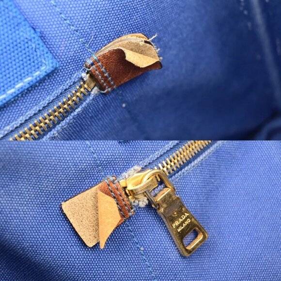 PRADA Milano Logo CANAPA Tote Hand Bag Canvas Leather Blue Gold - Picture 2 of 16